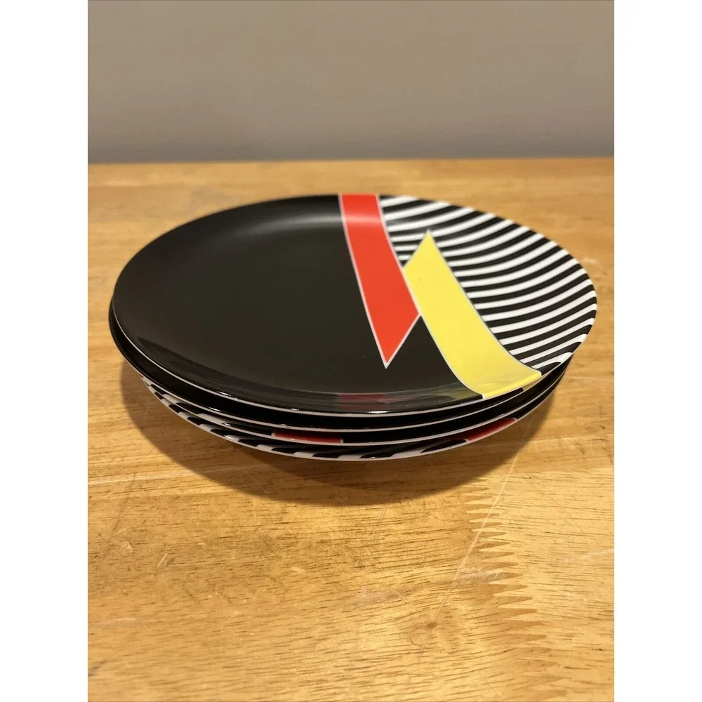 Vtg Fitz & Floyd Accolade Salad Plates‎ Black Stripes Yellow Red Set of 4 Japan